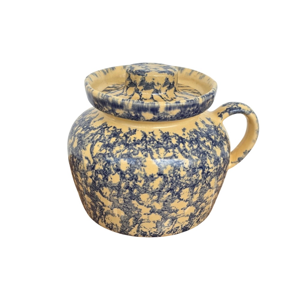 Robinson Ransbottom Blue Spongeware Bean Pot with handle Lid RRP Ohio crock